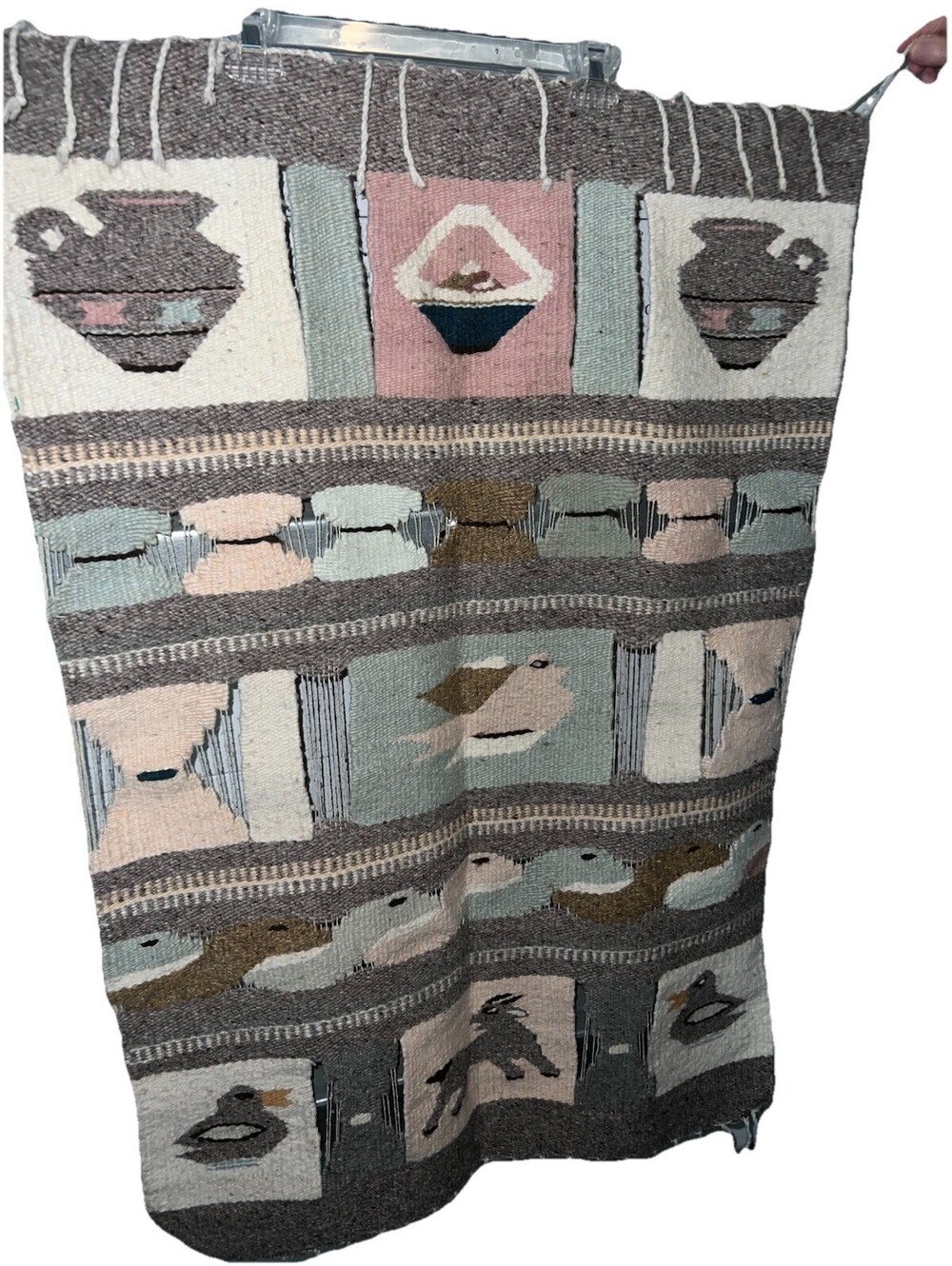 Woven Tapestry Wall Hanging 29x40” 1980’s Boho Adobe Southwestern Pastel